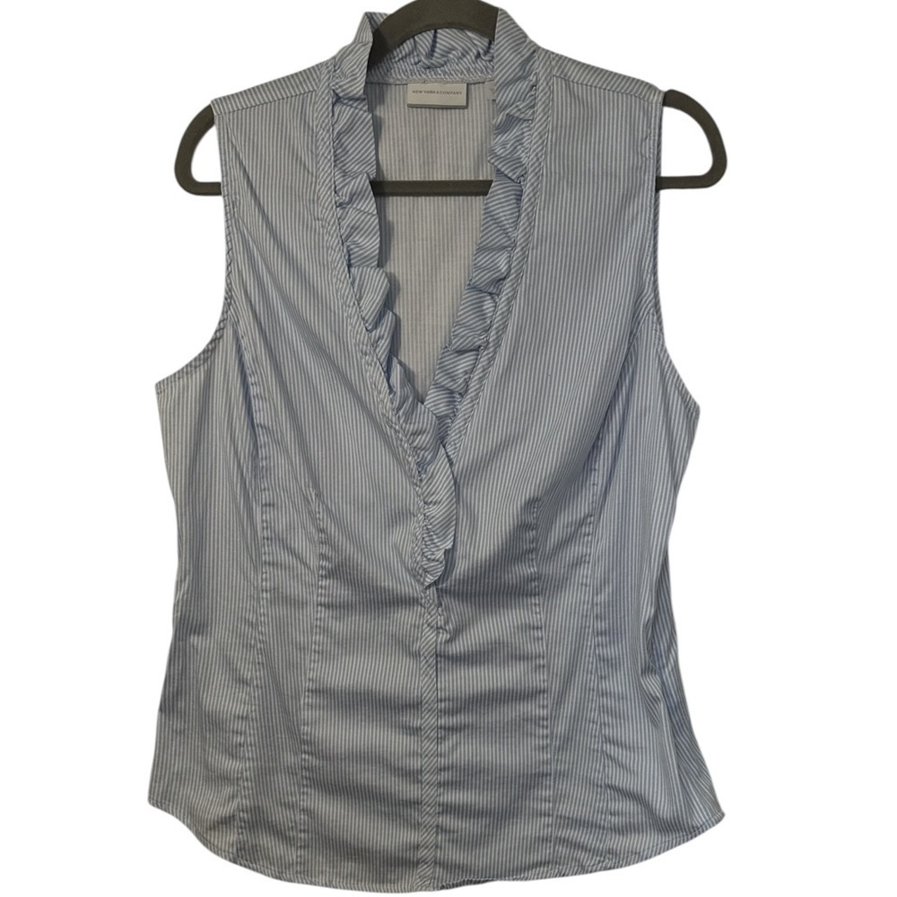 New York & Company Blue Striped Ruffle Blouse